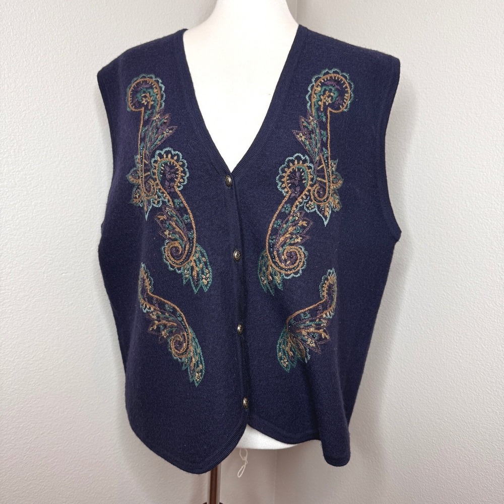 KORET Boiled 100% Wool Vest‎ LG Blue Paisley Embroidery Beaded Navy Granny Core